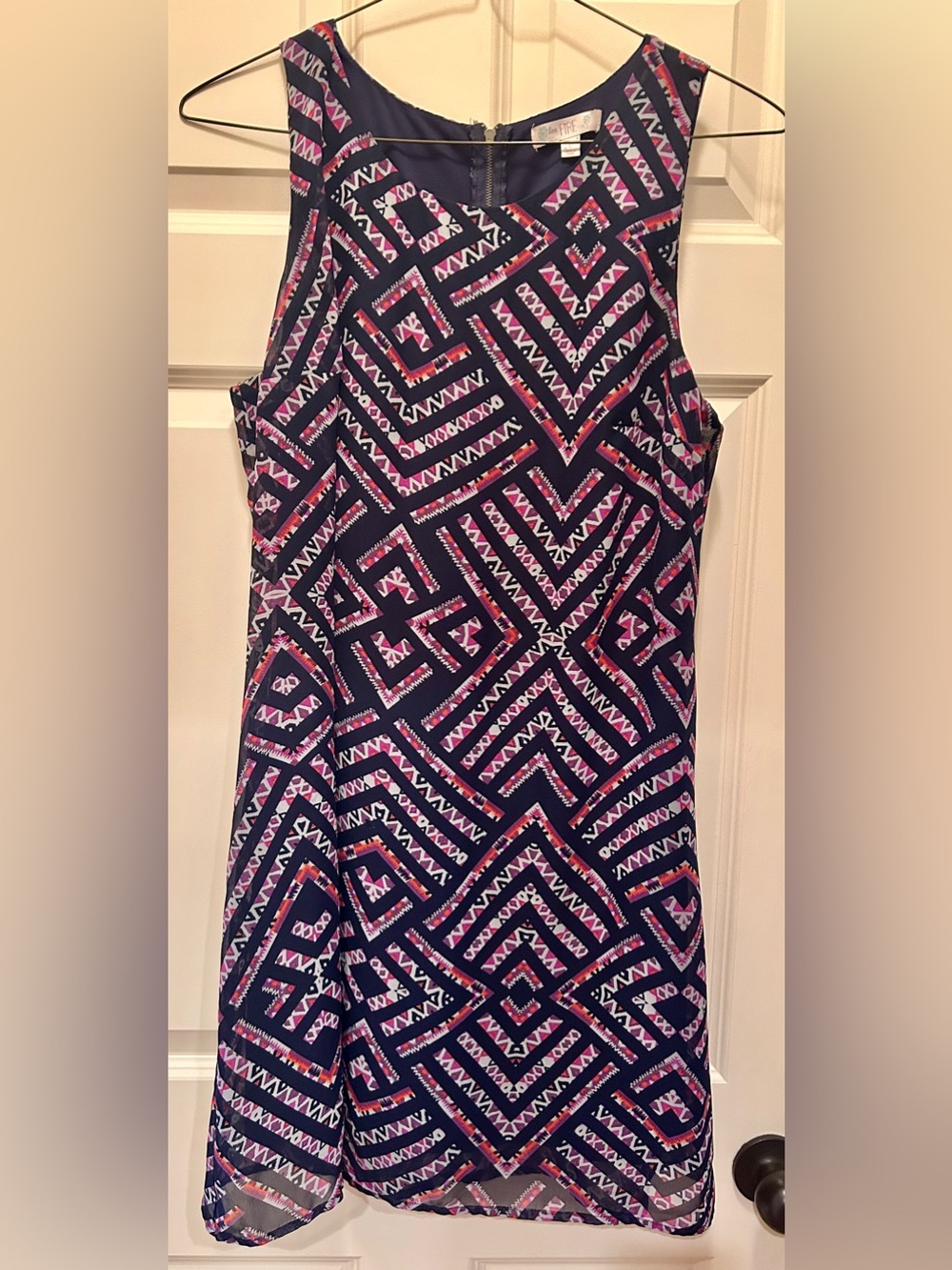 Love Fire Navy Geometric Print Sleeveless Shift Dress - Pink & White Accents